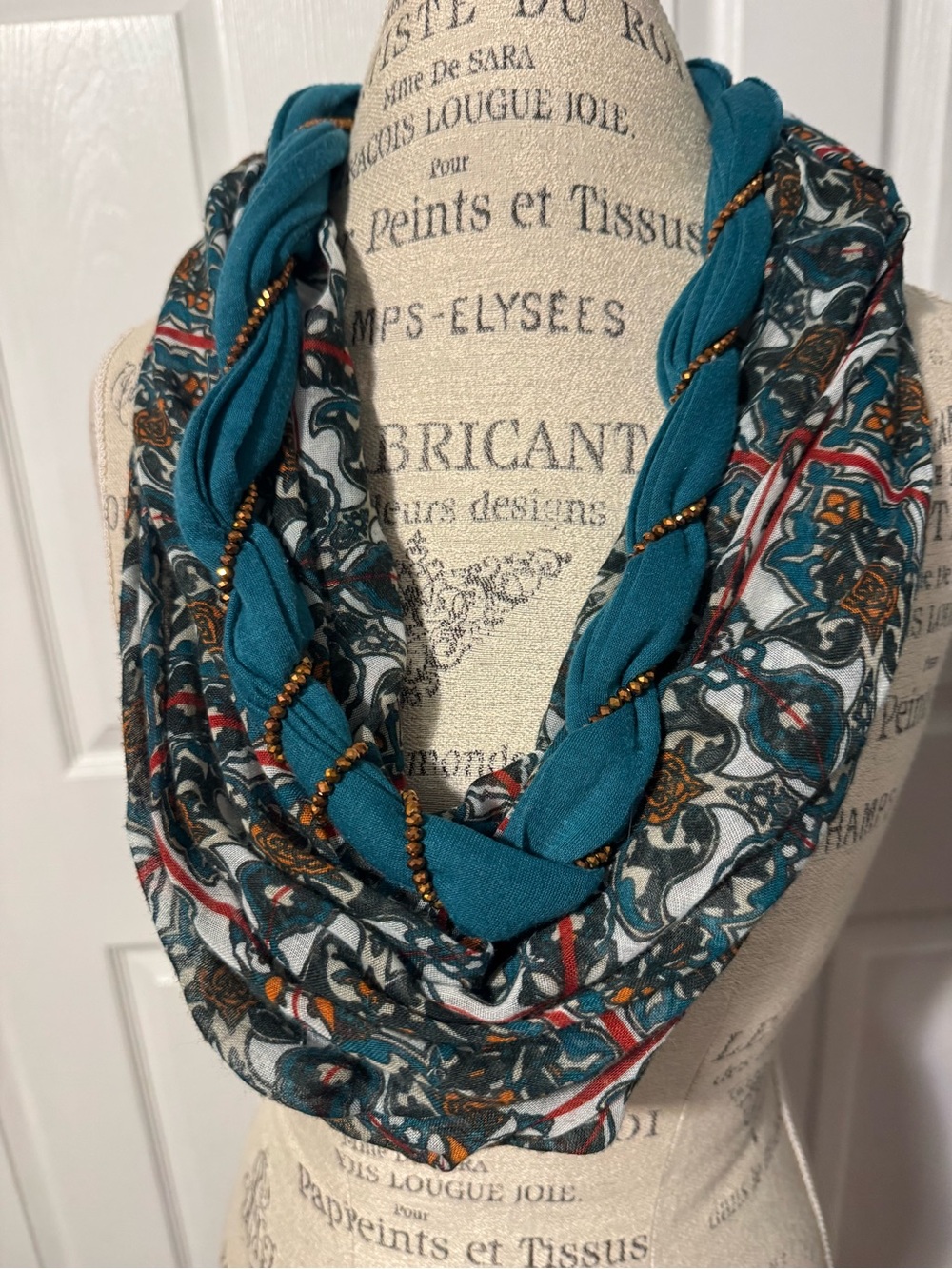 CATO Patterned Infinity Scarf with Bead Accent - Teal Rust